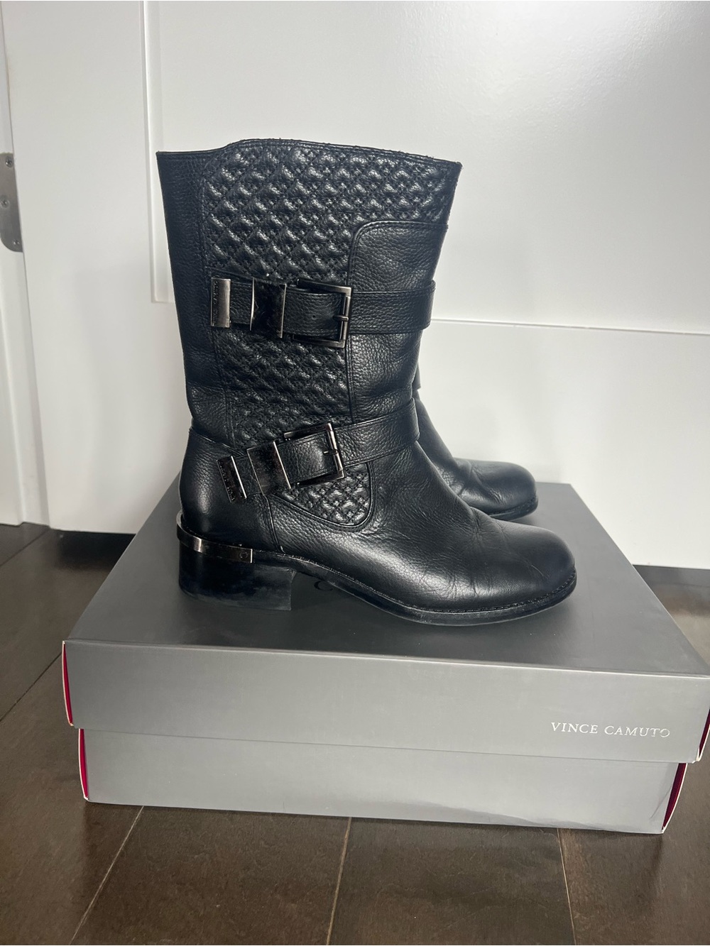 Vince Camuto Black Quilted Mid-Calf Leather Buckle Boots